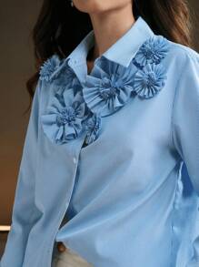 Anewsta 1 件女式现代条纹 3D 花卉女式衬衫 - 藍色 - 查看 8