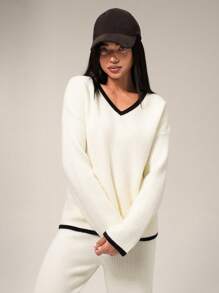 Forever 21 Áo len chui đầu rộng rãi cổ chữ V viền tương phản thường ngày cho nữ - Màu be - Xem 8