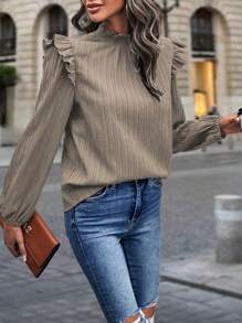 Chiquease 男士立领长袖褶皱休闲上衣 - 卡其色 - 查看 6