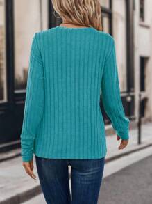 SHEIN LUNE 1pc Women's Crew Neck Ribbed Long Sleeve Casual T-Shirt Fall Cloth For Women - Teal Blue - View 2