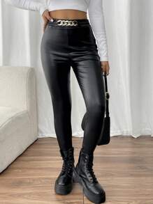 SHEIN Clasi Quần legging PU lót kim loại thời trang dành cho nữ - màu đen - Xem 6