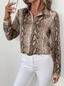 Editum 女士优雅蛇纹动物印花时尚开襟翻领长袖衬衫 - 彩色 - 查看 6