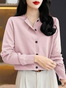 EMERY ROSE 1 chiếc áo len cardigan màu trơn tối giản cài nút phía trước, thích hợp để mặc hàng ngày - Hồng - Xem 3