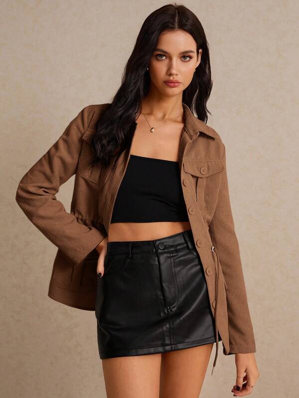 Poéselle Chaqueta con bolsillo con solapa, cintura con cordón ajustable para otoño/invierno