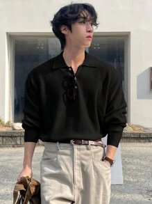 DAZY 男士纯色纽扣前长袖针织毛衣，休闲日常穿着，秋季，返校服装 - 黑色 - 查看 3