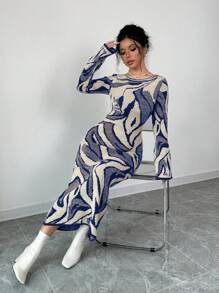 Elenzga 女士全印花圆领喇叭袖针织毛衣连衣裙