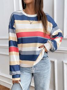 SHEIN LUNE Striped Print Colorblock Round Neck Casual Versatile Long Sleeve Sweatshirt Graduation,Back To School Outfits,Graduation,Teacher Outfits For Women,Back To School Pullover Fall Outfit