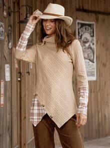 LanaWest LanaWest Damesmode Casual Losse T-shirt met Lange Mouwen, Opstaande Kraag, Knoopmanchetten, Patchwork Plaid Print, Asymmetrische Zoom, Herfst/Winter