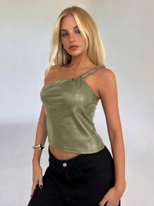 Aloruh Camiseta ajustada de mujer informal de viscosa con fruncido al frente en color burdeos - Verde militar - Ver 6