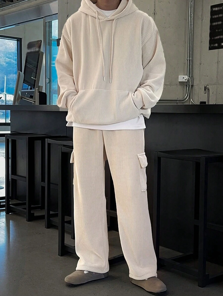 DAZY Men's Casual Solid Color Corduroy Drop Shoulder Relaxed Fit Kangaroo Pocket Drawstring Hoodie & Cargo Pants Set - Grey - View 1
