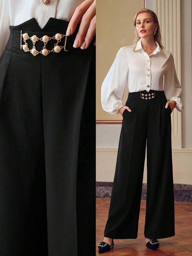 ZEYLAH FAUX PEARL CHAIN HIGH WAIST SLANT POCKET SEAM FRONT WIDE LEG SUIT PANTS