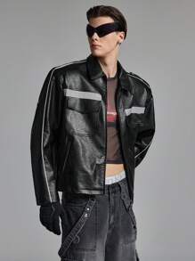 NEON BLANC Men's Oversized Black Woven Leather Long Sleeve Letter Zip Jacket, For Fall Winter, Outdoor, Spring - Black - View 4