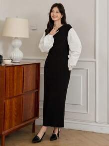 DAZY Women Casual Patchwork 2 In 1 Sweater Dress,Fall Clothes - Black - View 3
