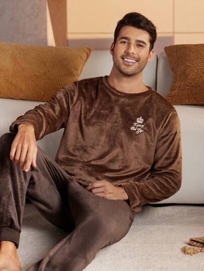 Męska bluzka z długim rękawem i okrągłym dekoltem z haftowanymi literami, polarowa, na jesień i zimę, puszysta