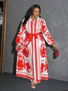 Slaydiva 优雅大码女式图腾印花 A 字衬衫裙