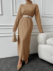 EURMUSE 棉质纯色高领罗纹针织毛衣连衣裙