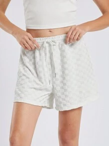 SHEIN EZwear Shorts femininos xadrez casual com cordão na cintura - Branco - Ver 6