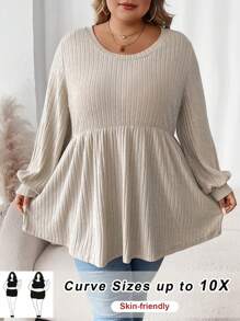 SHEIN CURVE+ 大码圣诞娃娃纹理羊毛圆领休闲 T 恤上衣 - 杏色 - 查看 1
