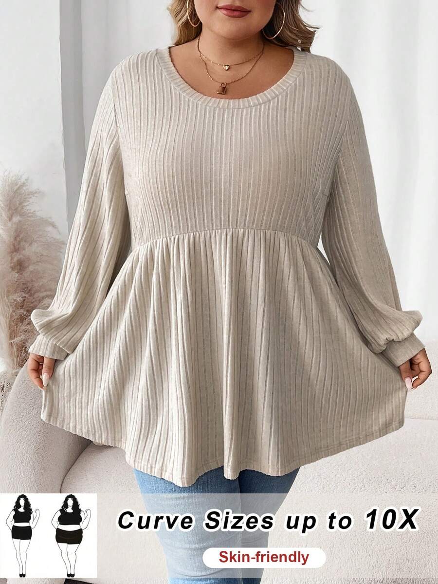SHEIN CURVE+ 大码圣诞娃娃纹理羊毛圆领休闲 T 恤上衣 - 杏色 - 查看 1