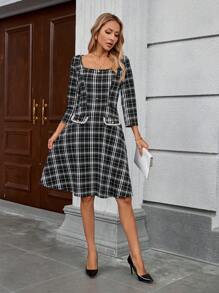 EMERY ROSE 女式前扣长袖口袋休闲迷你连衣裙 - 黑與白 - 查看 4