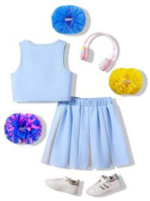 SHEIN Bộ váy thể thao thời trang cho bé gái 2 món/bộ, màu xanh và trắng kết hợp, đồng phục khiêu vũ cổ vũ viên cổ điển có logo chữ ngọn lửa phản quang - Nhiều màu - Xem 2