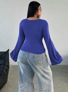 Flirla Plus Size Women's Versatile Solid Color Bell Sleeve Sweater - Blue - View 2