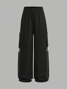 SHEIN Girlism 2 件套青少年女孩针织英文字母印花休闲宽松连帽衫运动衫和撞色加长裤套装 - 白色 - 查看 4
