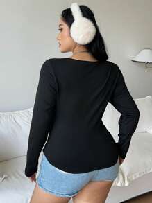 Flirla Casual American Style Fitted V-Neck Long Sleeve T-Shirt - Black - View 2