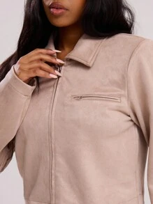 MUSERA Zip Front Wide Sleeve Cropped Faux Suede Jacket - Khaki - View 4