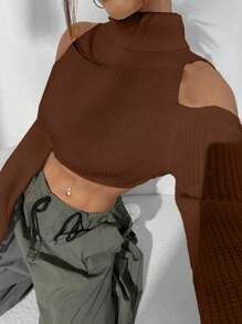 Flirla Damen lässiger Alltags Rollkragen Mode Schulterfreier Kurz-Pullover, geeignet für Herbst und Winter Strick-Pullover - Kaffeebraun - Übersicht 6