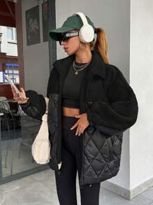 EURMUSE Women Padded Coat With Teddy Bear Fabric Patchwork, Diamond Shape Stitch Line - Black - View 5