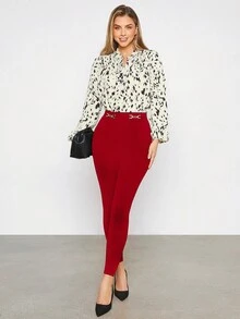 BizChic Quần legging co giãn màu trơn có chi tiết xích, đồng phục làm việc - Đỏ - Xem 4