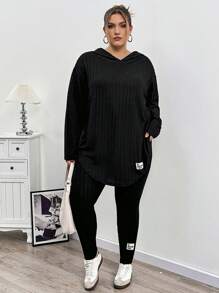 SHEIN CURVE+ 大码针织罗纹长袖弧形下摆 T 恤和紧身裤套装 - 黑色 - 查看 5