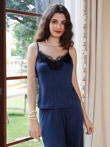 Côtesoire Contrast Lace Cami Top And Pants With Belted Robe Pajama Set Holiday Season, Fall Winter Clothes - Blue - View 3