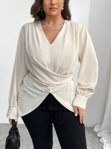SHEIN Privé Blusa casual suelta de manga larga con cuello en V, volantes y envolvente, de moda retro de elegante para mujer de talla grande, para otoño/invierno