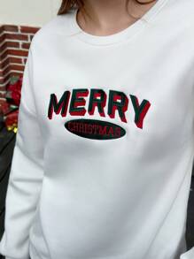 Jouncy Sudadera holgada de mujer casual con estampado de letra bordada navideña y hombros caídos