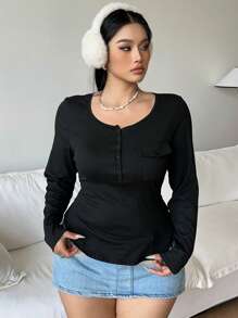 Flirla Casual American Style Fitted V-Neck Long Sleeve T-Shirt - Black - View 4