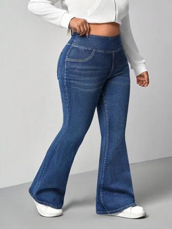 Firerie Plus Size Blue Denim Flared Jeans With Stretch Casual Skinny Elastic Flare Leg, High Waist Leggings Women Plus Size Elastic Waist Skinny Leggings, Casual Lightweight Stretch Denim Jersey Fabric, Suitable For Yoga, Sports, Outdoor & Daily Wear Leggings With Pockets Body-Shaping Leggings, Fall Women Clothes
