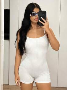 SHEIN ICON 女士纹理细肩带紧身露背 Y2K 罗纹针织性感露背白色连体裤，夏季时尚 - 白色 - 查看 2