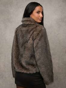 SHEIN BAE Dames effen kraag lange mouwen open voorkant pluizige jas, winter