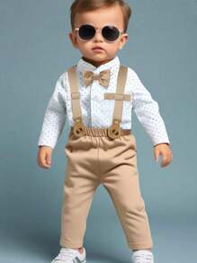 Souflis Souflis 2 pezzi Outfit da gentleman per bambino maschio con camicia a pois, farfallino e salopette, adatto per occasioni casual, eleganti, compleanni, Ognissanti, Natale