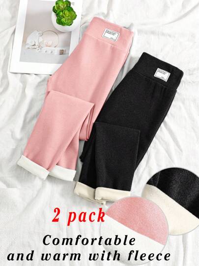 SHEIN Tvådelade, åtsittande fleece-termoleggings med midjelappdekoration för tweenflickor