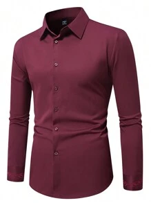 Manfinity Mode Camisa casual de negocios de manga larga, cuello liso y abotonadura frontal