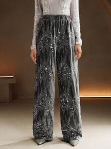 Anewsta New Design Embroidered Sequins Plush Fabric Wide Leg Palazzo Pants For Ladies For Holiday Party Clothes