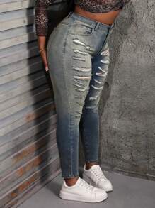 SHEIN SXY Plus Size Jeans Sexy Tight Elastic Ripped Blue Women's Skinny Jeans Women Mom Jeans Denim Jeans Tall Women Jeans Jeans Pants Jeggings Women Tights Stretchy Jeans Pants Women Tights Leggings Low Rise Jeans