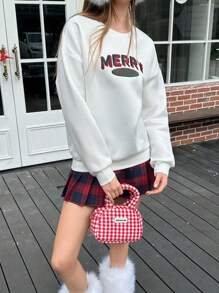 Jouncy Sudadera holgada de mujer casual con estampado de letra bordada navideña y hombros caídos