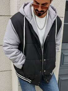 Manfinity Homme Plus Size Men Contrast Color Block Drawstring Hooded Fleece Jacket