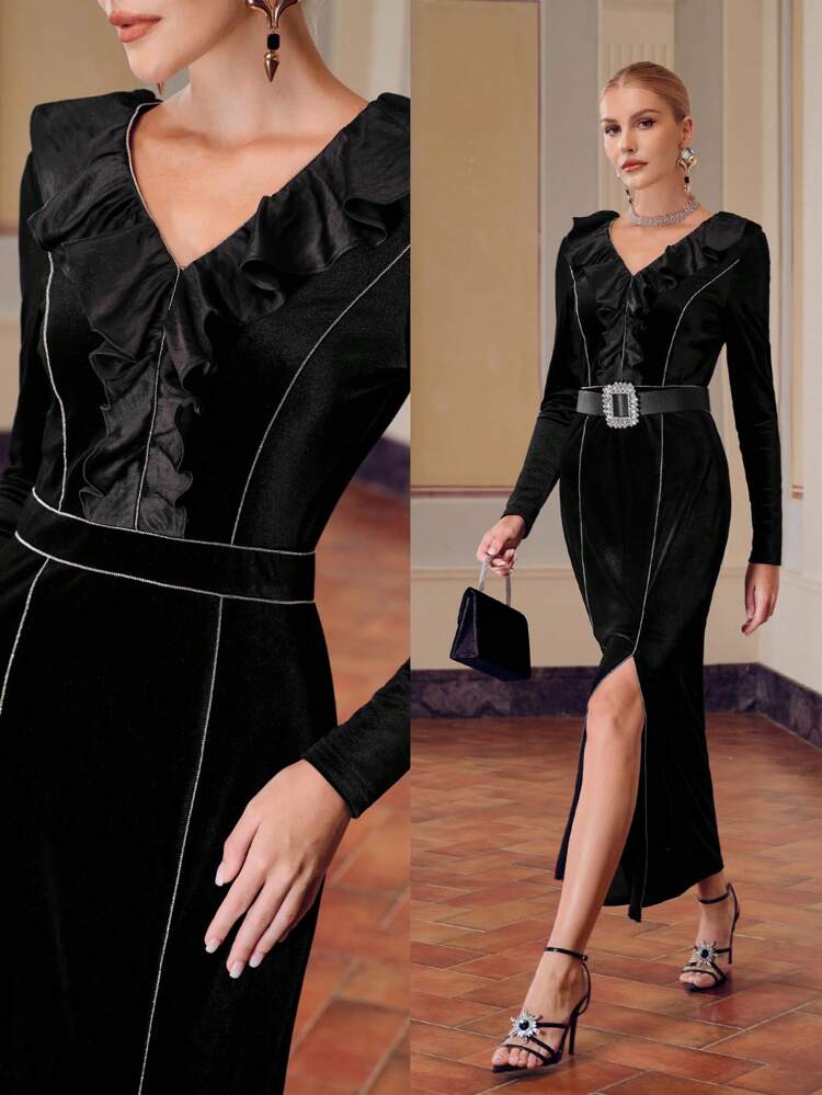 ZEYLAH ベルベット Vネック ラッフルトリム コントラストパイピング スリットスカート ロングドレス(ベルト無し)