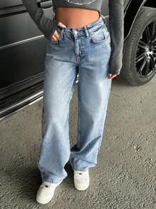 Cottnline HIGH RISE STRAIGHT CUT WASHED EFFECT BLUE JEAN - Medium Wash - View 1