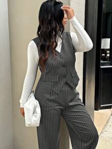 Calvaya 大码女式两件套，单排扣条纹背心和裤子，休闲商务套装，秋季 - 深灰色 - 查看 1